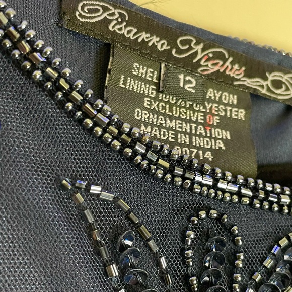 Pisarro Nights Beaded Navy Blue Gown Mesh Short sleeve. Size 12 - Picture 5 of 10